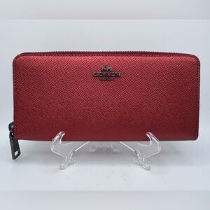 Coach Slim Accordian Zip Pebbled Leather Wallet in Metalic Burgundy Color